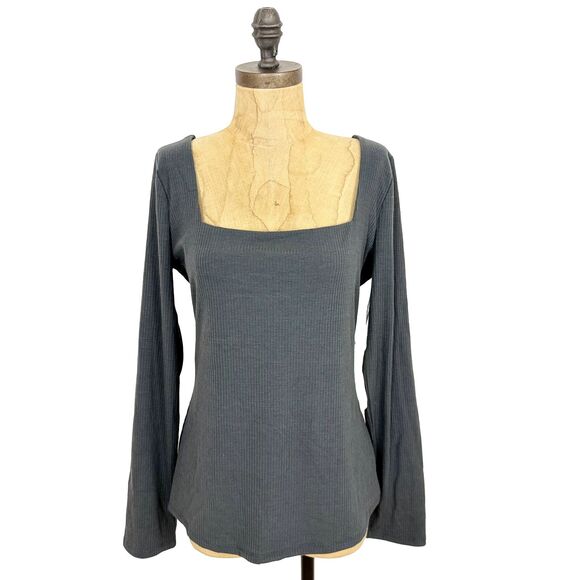 NINE BRITTON Criss Cross Back RIbbed Top L Square Neck Knit Gray NWT B25 - Picture 1 of 5